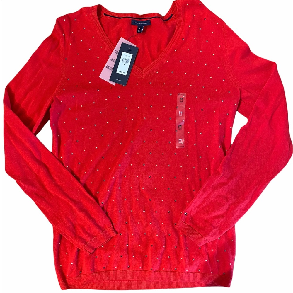 Tommy Hilfiger Women's Red Long Sleeve V-Neck Sweater Size Medium